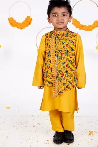 Yellow embroidered cotton nehru jacket set