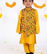 Yellow embroidered cotton nehru jacket set