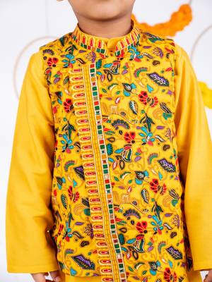 Yellow embroidered cotton nehru jacket set 2