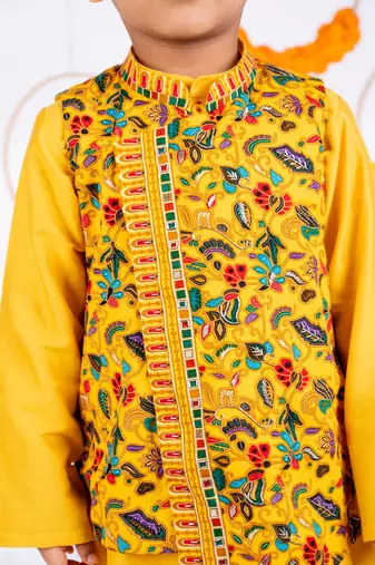 Yellow embroidered cotton nehru jacket set