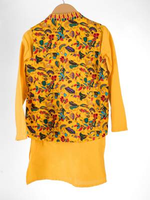 Yellow embroidered cotton nehru jacket set 3
