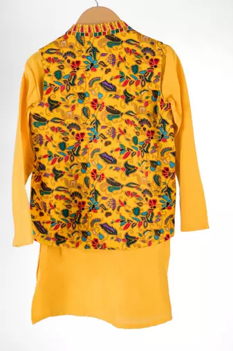 Yellow embroidered cotton nehru jacket set