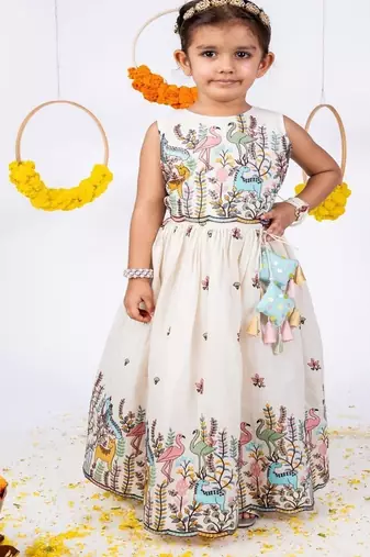 White printed cotton lehenga