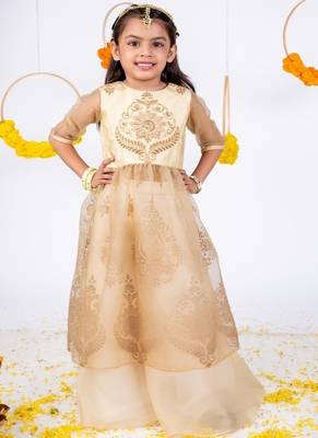 Beige embroidered organza anarkali gown 1