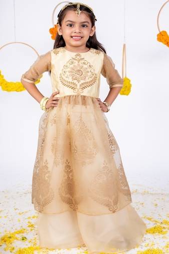 Beige embroidered organza anarkali gown