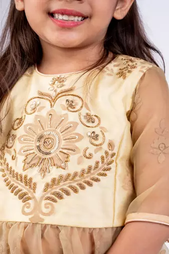Beige embroidered organza anarkali gown
