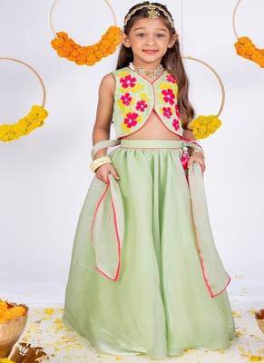 Green embroidered organza lehenga 1