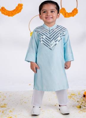 Blue plain cotton silk kurta pyjama 1