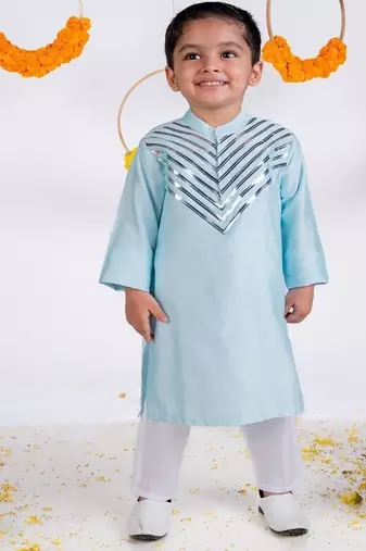 Blue plain cotton silk kurta pyjama
