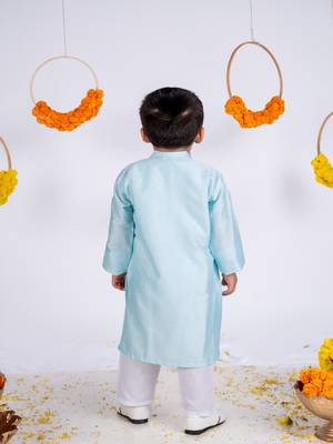 Blue plain cotton silk kurta pyjama 2