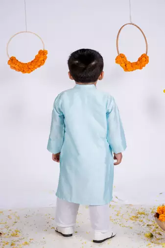 Blue plain cotton silk kurta pyjama