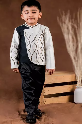 Black embroidered dupion bandhgala set