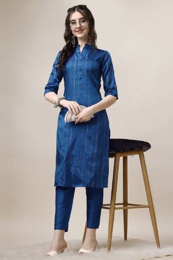 Blue Embroidered art silk neck kurti with pant 
