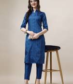 Blue Embroidered art silk neck kurti with pant 