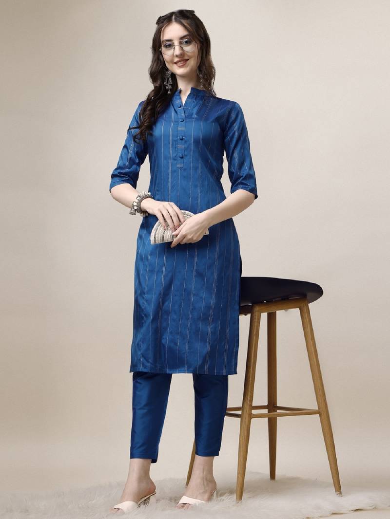 Blue Embroidered art silk neck kurti with pant 