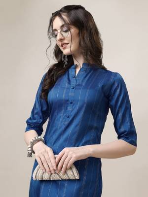 Blue Embroidered art silk blend neck kurti with pant  2