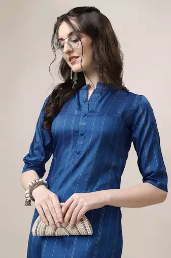 Blue Embroidered art silk neck kurti with pant 
