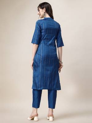 Blue Embroidered art silk blend neck kurti with pant  3