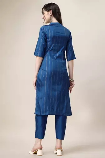 Blue Embroidered art silk neck kurti with pant 