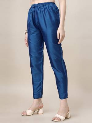 Blue Embroidered art silk blend neck kurti with pant  4
