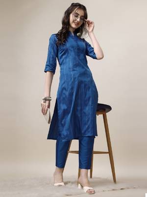 Blue Embroidered art silk blend neck kurti with pant  5