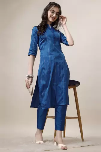 Blue Embroidered art silk neck kurti with pant 