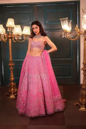 Pink Color Embroidery,Dori Work With Rainbow Sequins Work Net Lehenga Choli