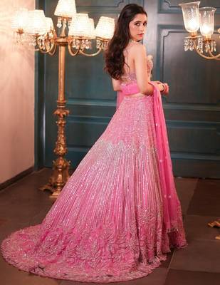 Pink Color Embroidery,Dori Work With Rainbow Sequins Work Net Lehenga Choli 3
