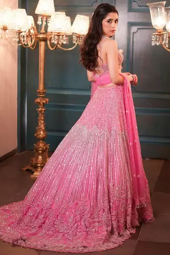 Pink Color Embroidery,Dori Work With Rainbow Sequins Work Net Lehenga Choli