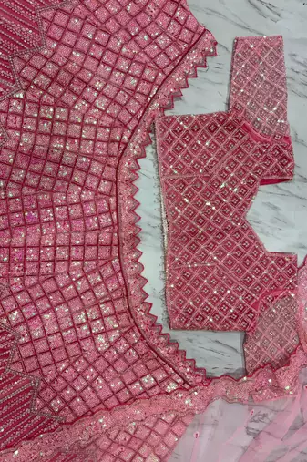 Pink Color Embroidery,Dori Work With Rainbow Sequins Work Net Lehenga Choli