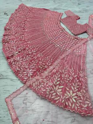 Pink Color Embroidery,Dori Work With Rainbow Sequins Work Net Lehenga Choli 5