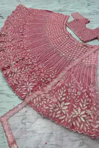 Pink Color Embroidery,Dori Work With Rainbow Sequins Work Net Lehenga Choli