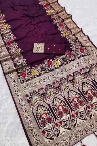 Dark Plum Color Designer Soft Dola Silk Saree