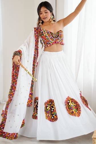 white base thread work chaniya with one shoulder choli for navratri