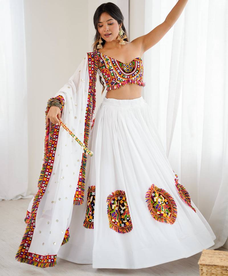  white base thread work chaniya with one shoulder choli for navratri