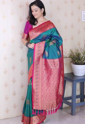 Soft silk banarasi peacock zari woven saree 2
