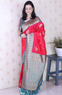 Soft silk banarasi peacock zari woven saree 4