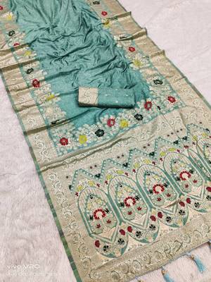 Seafoam Green Color Designer Soft Dola Silk Saree 1