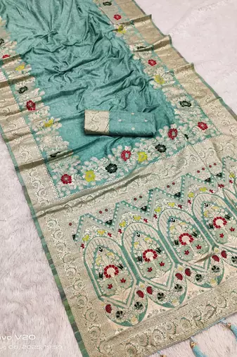 Seafoam Green Color Designer Soft Dola Silk Saree