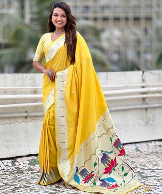 Pastel zari woven peacock lotus paithani silk saree 1