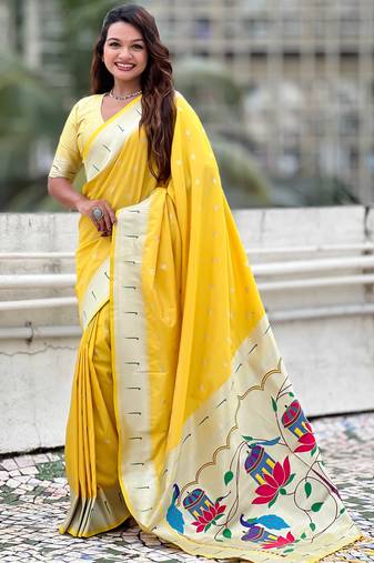 Pastel zari woven peacock lotus paithani silk saree