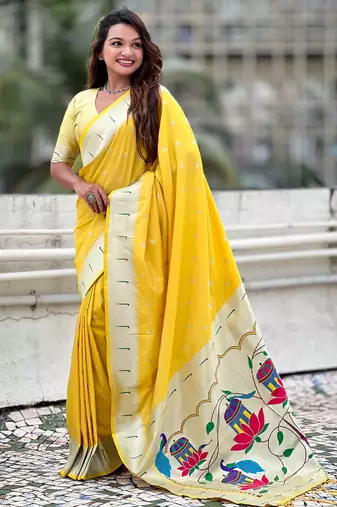 Pastel zari woven peacock lotus paithani silk saree
