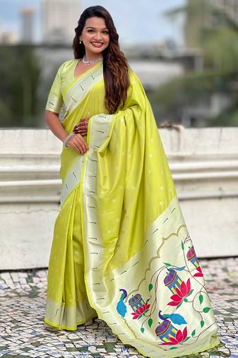 Pastel zari woven peacock lotus paithani silk saree