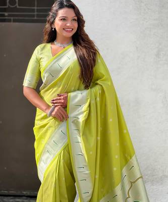 Pastel zari woven peacock lotus paithani silk saree 2