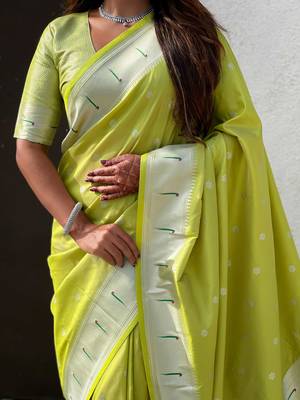 Pastel zari woven peacock lotus paithani silk saree 3