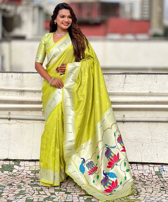Pastel zari woven peacock lotus paithani silk saree 5