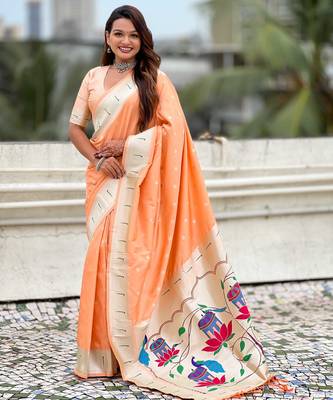 Pastel zari woven peacock lotus paithani silk saree 1