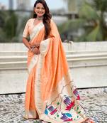 Pastel zari woven peacock lotus paithani silk saree