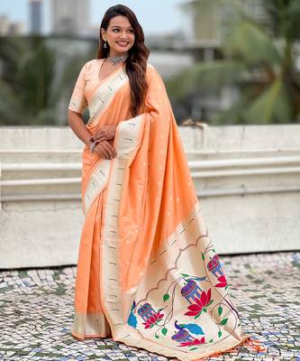 Pastel zari woven peacock lotus paithani silk saree 5