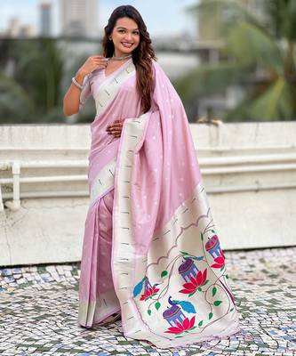 Pastel zari woven peacock lotus paithani silk saree 1
